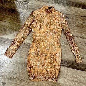 Long sleeve lacey high neck open back dress
